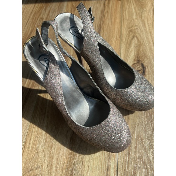 Candie's Shoes - Y2K Glam Candie's Slingback Heels 8 Silver Glitter Stiletto Party Formal Wedding